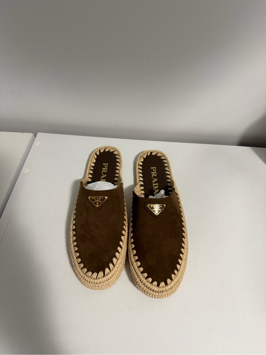 Prada Shoes - Prada Brown Suede Espadrille Slip-On Mules with Beige Trim